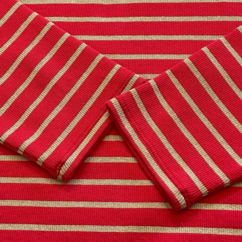 NWT J. Crew Red Puff Sleeve Turtleneck With Metallic Gold Stripes, Size XL